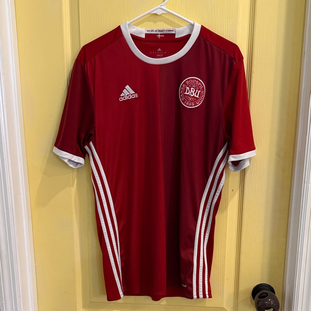 adidas Red Denmark DBU Football Shirt with White Accents